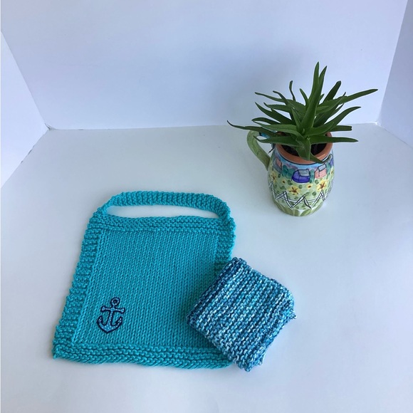 Baby Bib Set Hand Crafted Washcloth Blue Cotton Knit Anchor - Picture 2 of 12